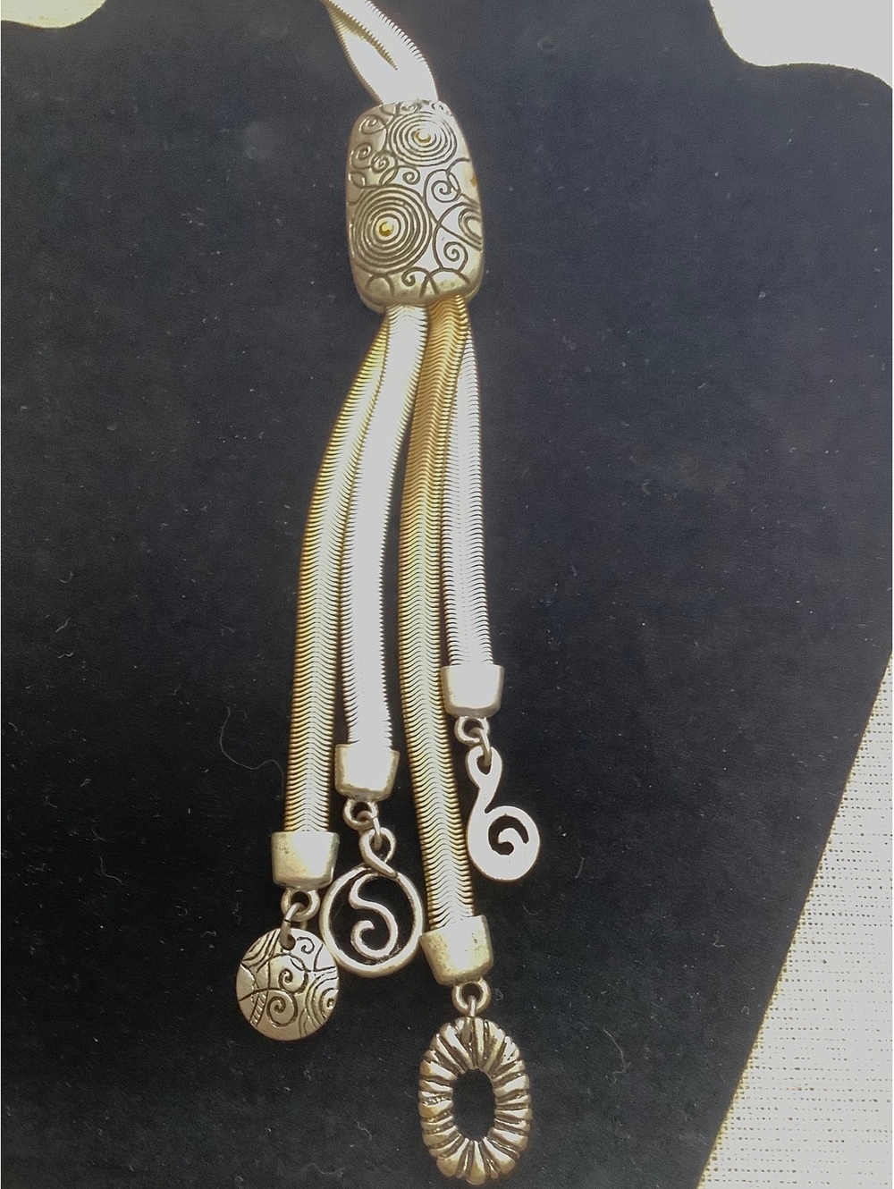 Chico’s Silver Tone Multi Strand Snake Chain Swirl Charm Statement Necklace